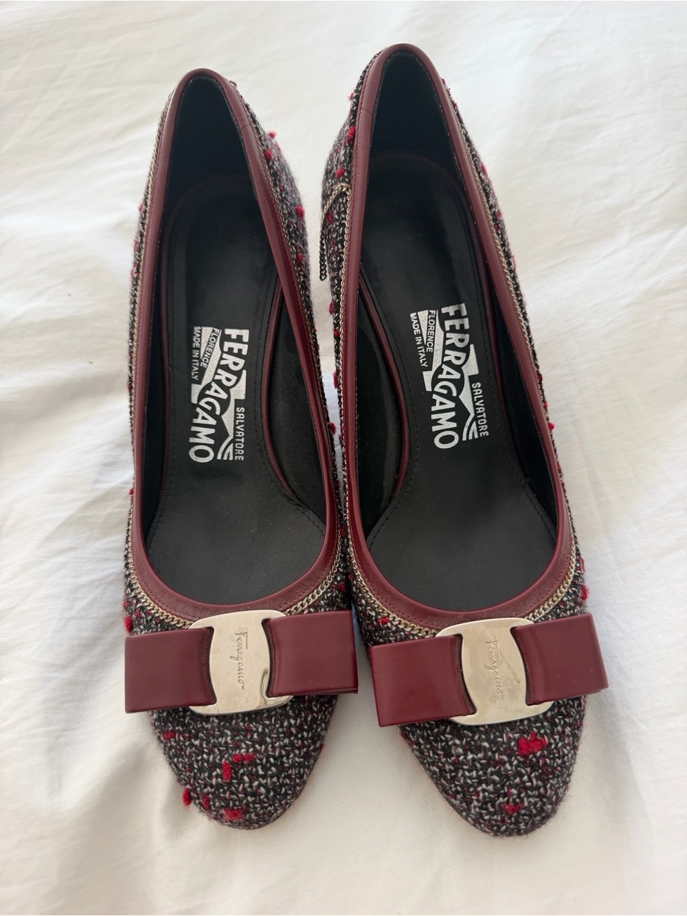 Salvatore Ferragamo Burgundy Tweed Bow Pumps